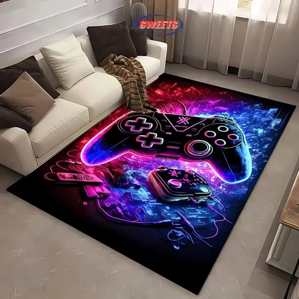 Neon Game Controller & Console Flannel Area Rug, Gaming Rugs - Oversized Soft Plush Mat for Gaming Room & Bedroom, Non-Slip Vibrant Video Game Pattern Home Decor for Gamer Enthusiasts
