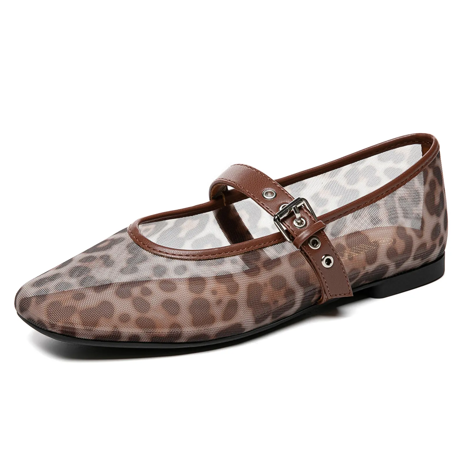 Women's Leopard Print Mary Jane Fashion Shoes, Breathable Mesh Fabric Flats with an Adjustable Buckle Strap & Comfortable Square Toe, Casual Shoes, Mary Jane Shoes