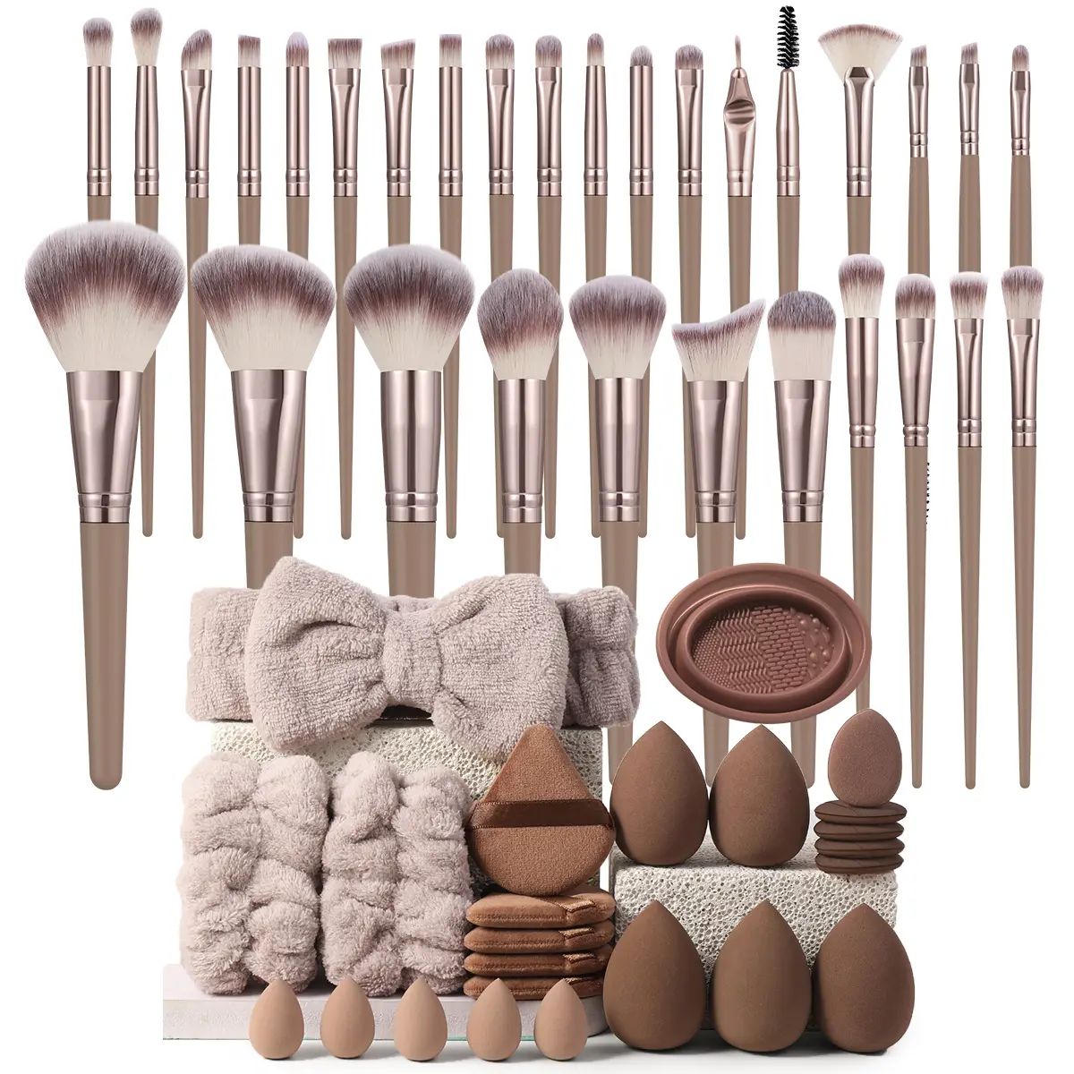 54PCS Brown All-In-One Makeup Set, Makeup Brushes+Bow Headband+Beauty Sponges+Brush Cleaner Portable Cosmetic Kit，Full Face Eye Cosmetic Tool Bundle for Makeup Beginners Daily Travel Birthday Gift for Women Teen Girls, Complexion Sponge Brushes Set