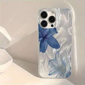 Trendy Blue Lily Flower Imd Phone Case for iPhone 17 16 16e 15 14 13 12 11 Pro Max Air X XR XS 8 7 Plus, Stylish Protective Cover Floral