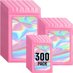 300 Pack 3 Size Mylar Holographic Bags with Clear Window,Resealable Bags Smell Proof Bags Zipper Foil Bags Packaging Pouch for  Storage,Sample,Small Business(Pink,3x4.7,4x6,4.7x7.9in)