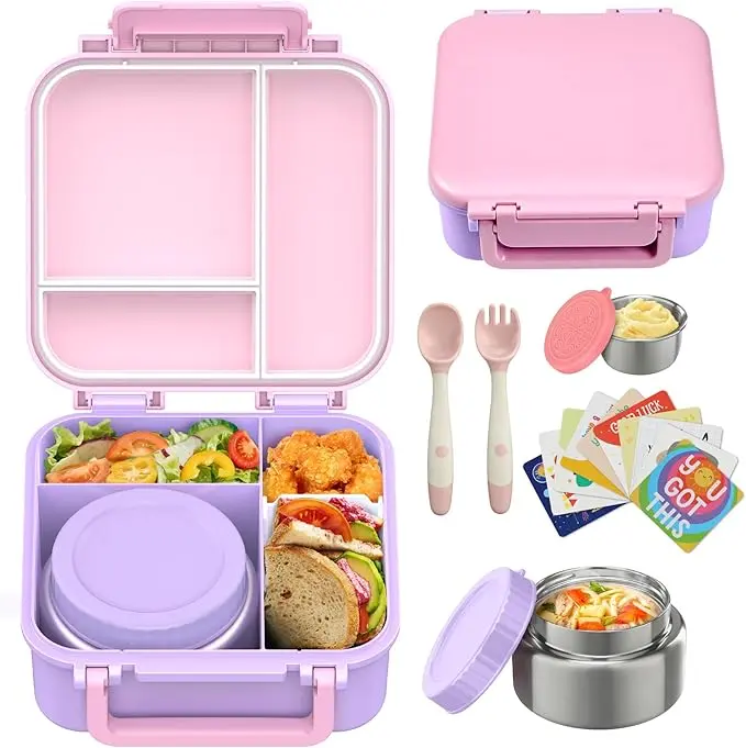 [Back To School] Kids Bento Lunch Box with 9oz Soup Thermo Leakproof Lunch Food  4 Compartment with Insulated Hot Food Jar for Kid Toddler Girls Boys to School Trvael microwavable portable dinner bag preschool