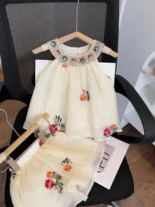 Summer New Girl's Cord Embroidered Floral Lace Top & Elastic Waist Shorts Set, Boho Style, Sweet Cute, Comfortable Casual Wear, Children