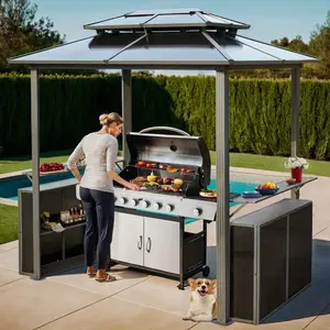 5 x 7 FT BBQ Grill Gazebo, Outdoor Barbecue Shelter with Durable Polycarbonate Double Roof, Includes Storage Shelves, Perfect for Patio, Lawn, or Garden Use