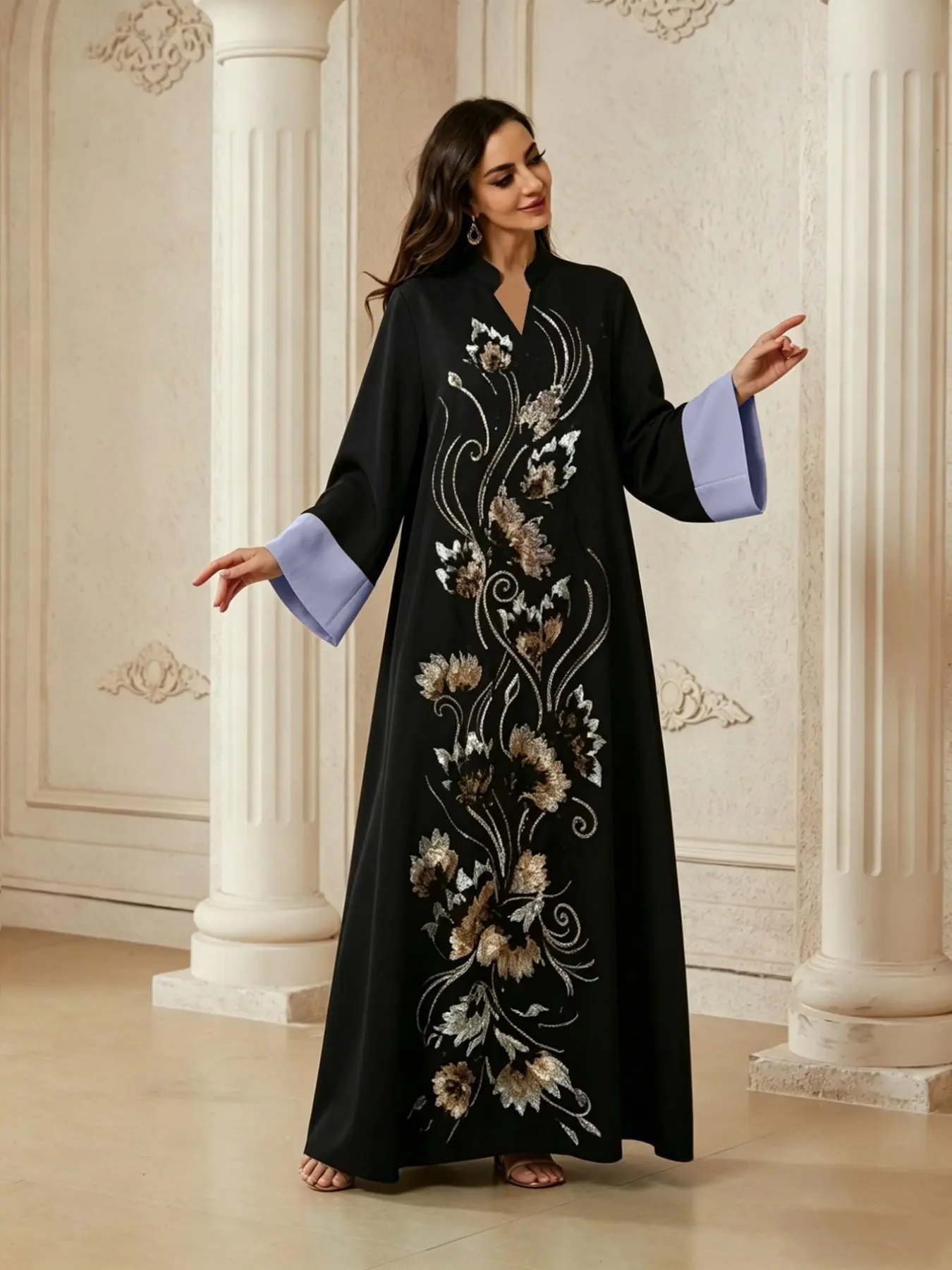 Women's Turkish Long Formal Dress, Long Sleeve, Arabic Traditional Modest Robe, Elegant A-Line Design, Perfect for Evening Events, Weddings, Anniversaries, Elegant Formal Wear