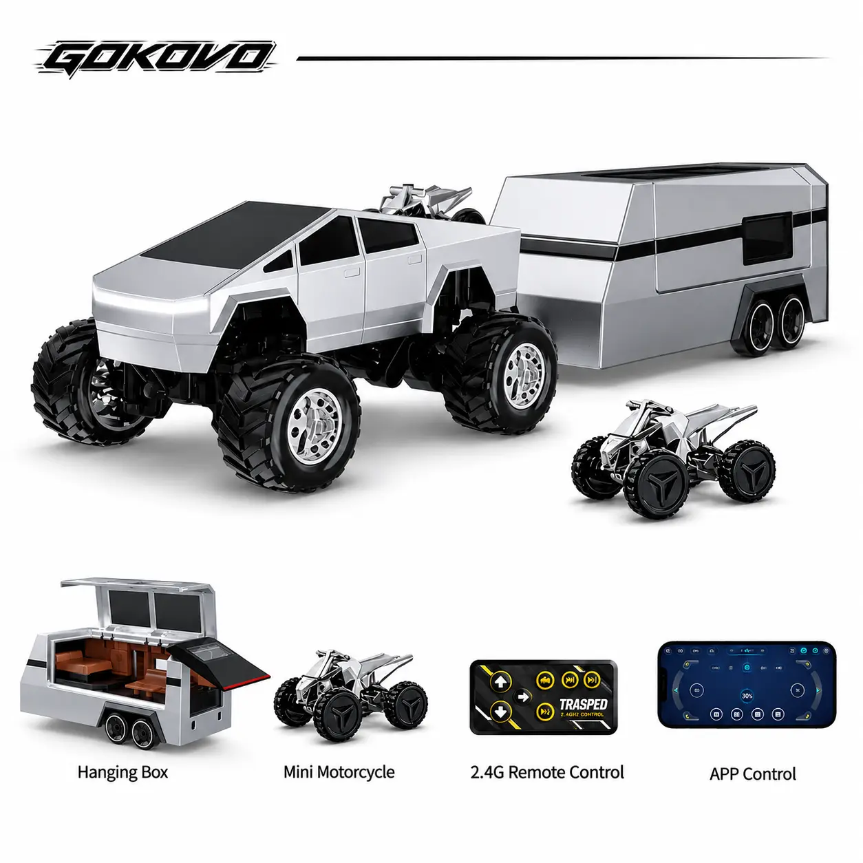 1/64 Miniature Remote Control Cybertruck Monster Car, All-Terrain Metal Off-Road Pickup with Trailer, 2.4GHz Wireless Controller & App Control, USB-C Rechargeable Big-Wheel RC Car, Cool Boy Gifts, Kids Toys for Boyfriend