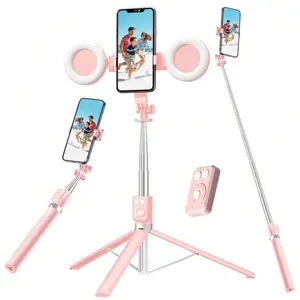 67Inch Aluminum Alloy Phone Selfie Stick with 2 Fill Light, Multifunctional Remote Control Selfie Stick, Live Streaming Tripod for Mobile Phone, Tripod Stand for Vlogging, Gimbal, Photography, Camera Cellphone Smartphone Black tripod ring light