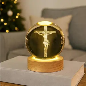 Inspirational Christian Spiritual Gift for Men Women | 3D Jesus Cross Crystal Ball Night Light | Laser Engraved Bible & Praying Hands Wooden Base | Religious Home Decor | For Baptism, Communion, Christmas & All Religious Occasions
