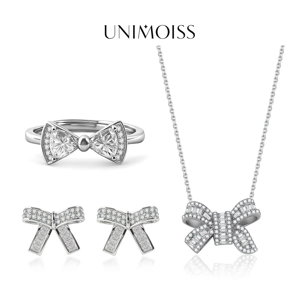UniMoiss Moissanite Sweet Bow Matching Jewelry Set - Silver-Plated Stud Earrings, Necklace & Ring, Jewellery Gift Set for Valentine's Day, Romantic Elegant Daily Wear, Necklaces Earrings Set