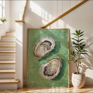 Green Oyster Wall Art Print, Trendy Seasonal Coastal Wall Art, Sea Inspired Kitchen Beach House Decor