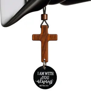 Handcrafted Wooden Cross Car Charm – Scan for Daily Bible Verses, “I Am With You Always” Faith Gift