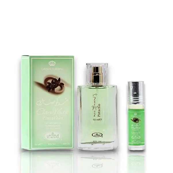 Al Rehab Choco Musk Pistachio Bundle - 50mL (1.6oz) Eau De Parfum, 10mL (0.2fl oz) Roll-On Oil, Nut & Milk Notes, Amber, Vanilla, Caramel, Cozy Creamy Unisex Fragrance