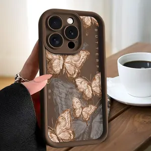 Vintage-Style Phone Case with a Brown Background: Features a Light Brown Butterfly Sketch, Compatible with Iphone 17, 16, 15, 14, 13, 12, 11 Pro Max.