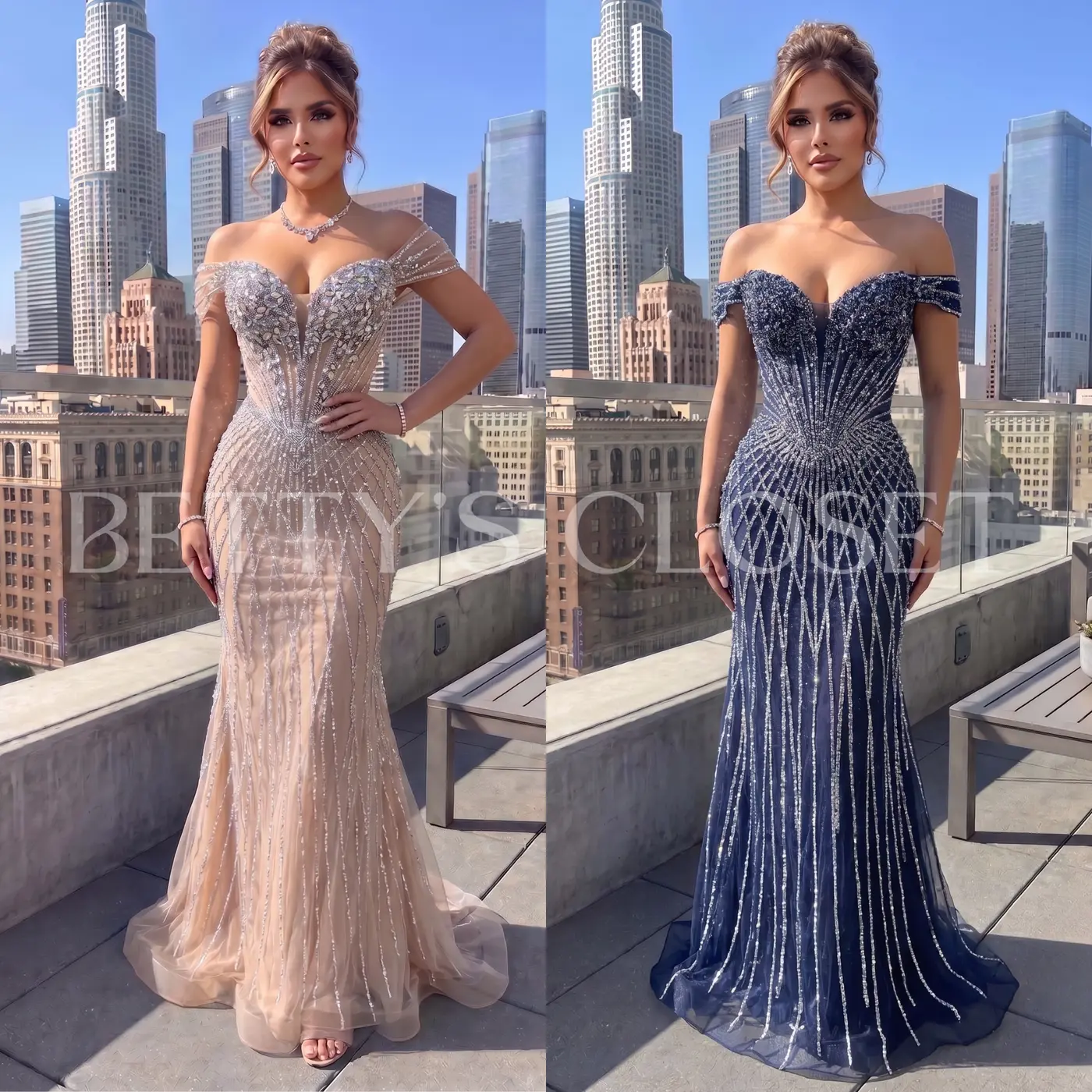 Darla Off Shoulder Embellished Gown w/ Lace up Back