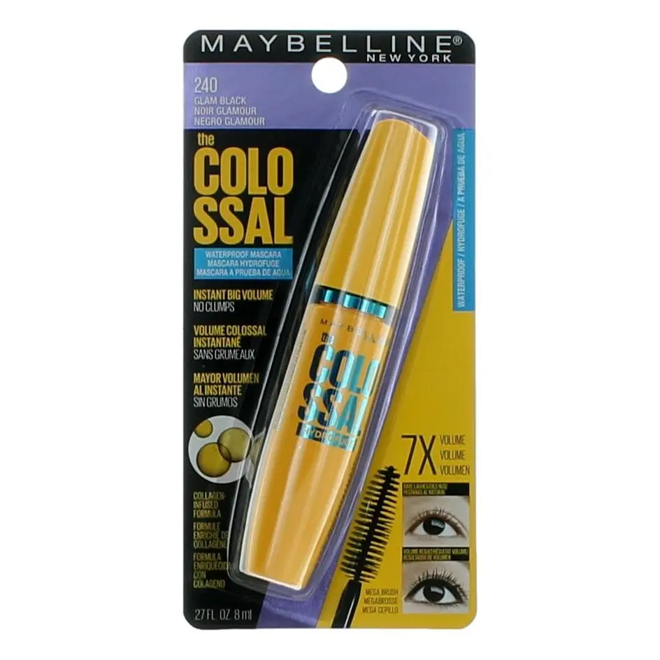 Maybelline New York The Colossal Waterproof Mascara, Dramatic Eye Makeup for Lashes, Shade 240 Glam Black, 0.27 fl oz, Cosmetic, Bold Look