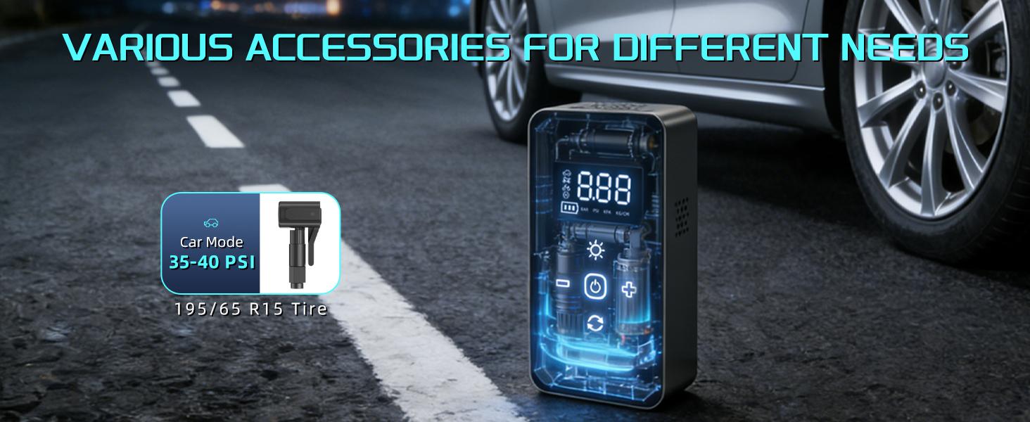 Portable Tire Inflator, 150 PSI Air Compressor, Digital Dual Display, LED Light for Night Use, Suitable for Cars, Motorcycles, Bikes and Balls