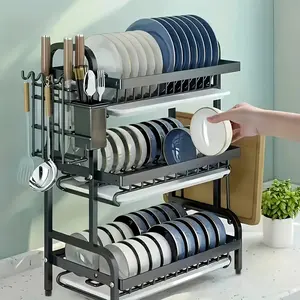 2-Tier Dish Rack with Drainboard, All-in-One Integrated Storage Rack for Home Kitchen, Holds Plates, Cups, Knives, Forks and Kitchen Utensils, Space-saving, Rustproof and Durable, Sink Side Drainer, Multifunctional Countertop Dish Organizer
