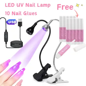 LED UV Light with 10 Pieces of Nail Gel, for Press on Acrylic Nails, Clamp-on Flexible Metal Tube UV Lamp,  USB Mini UV Gel Curing Lamp, Nail Dryer, Suitable for DIY Nail Art,Fit in The Corner of The Table for Festivals and Daily Use