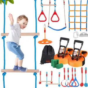 VEVOR Ninja Warrior Obstacle Course for Kids, 2x 60 ft Weatherproof Slacklines, 500lbs Weight Capacity Monkey Line, Outdoor Playset Equipment, Backyard Toys Training Equipment Set with 14 Obstacles