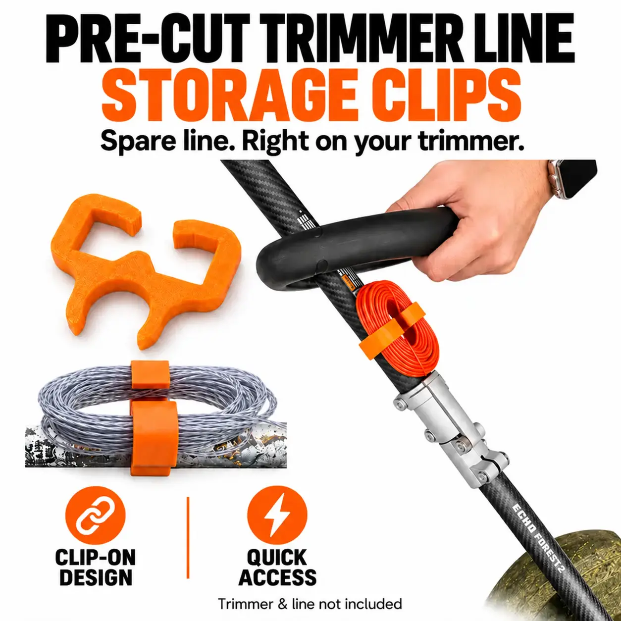 3D Printed Trimmer Line Storage Clips - Clip-On Quick-Access Shaft Clamp Garage Organization Accessory, 2 Tangle-Free Coil Secure Holders for String Trimmers & Landscaping Tools Lawn Equipment