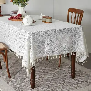 Lace Edge Tablecloth, High-End Cotton Linen Dustproof Farmhouse Style, Hollow Out Home Use Non-Slip Table Mat, Premium Heat Resistant