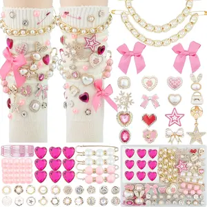 87 count Junk Socks Charms Kit,  and Pink Charms for Socks, Brooches and Pins for Women, ShoeCharms with Bows, Sneakers DIY Kit with  Rhinestones Chains