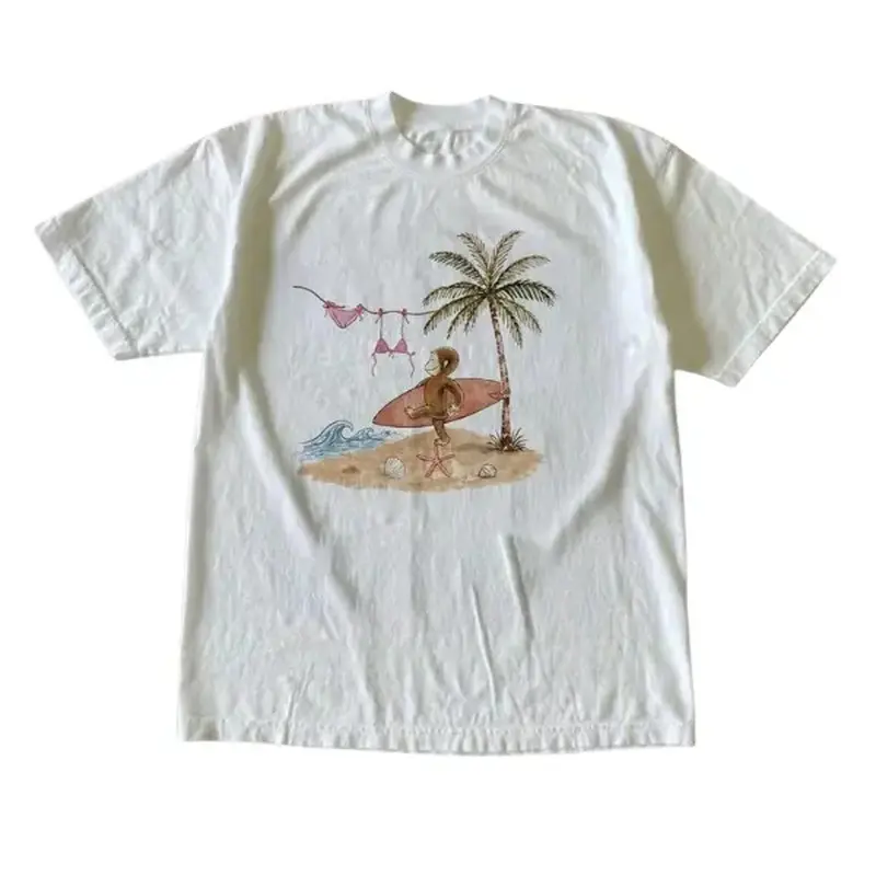 Curious George Surfing Y2K Summer T-Shirt - Vintage Pattern T-Shirt - Men's and Women's Clothing - Street Style Top - Casual Cotton Crew Neck Short Sleeve T-Shirt - Father's Day Gift Idea