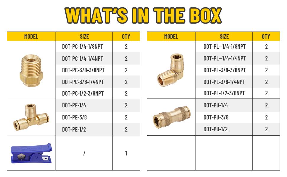 33Pcs Brass DOT Air Brake Line Fittings 1/4"" 3/8"" 1/2"" DOT Air Hose Fittings Push to Quick Connect Fittings Kit for Trucks Trailers Brake System