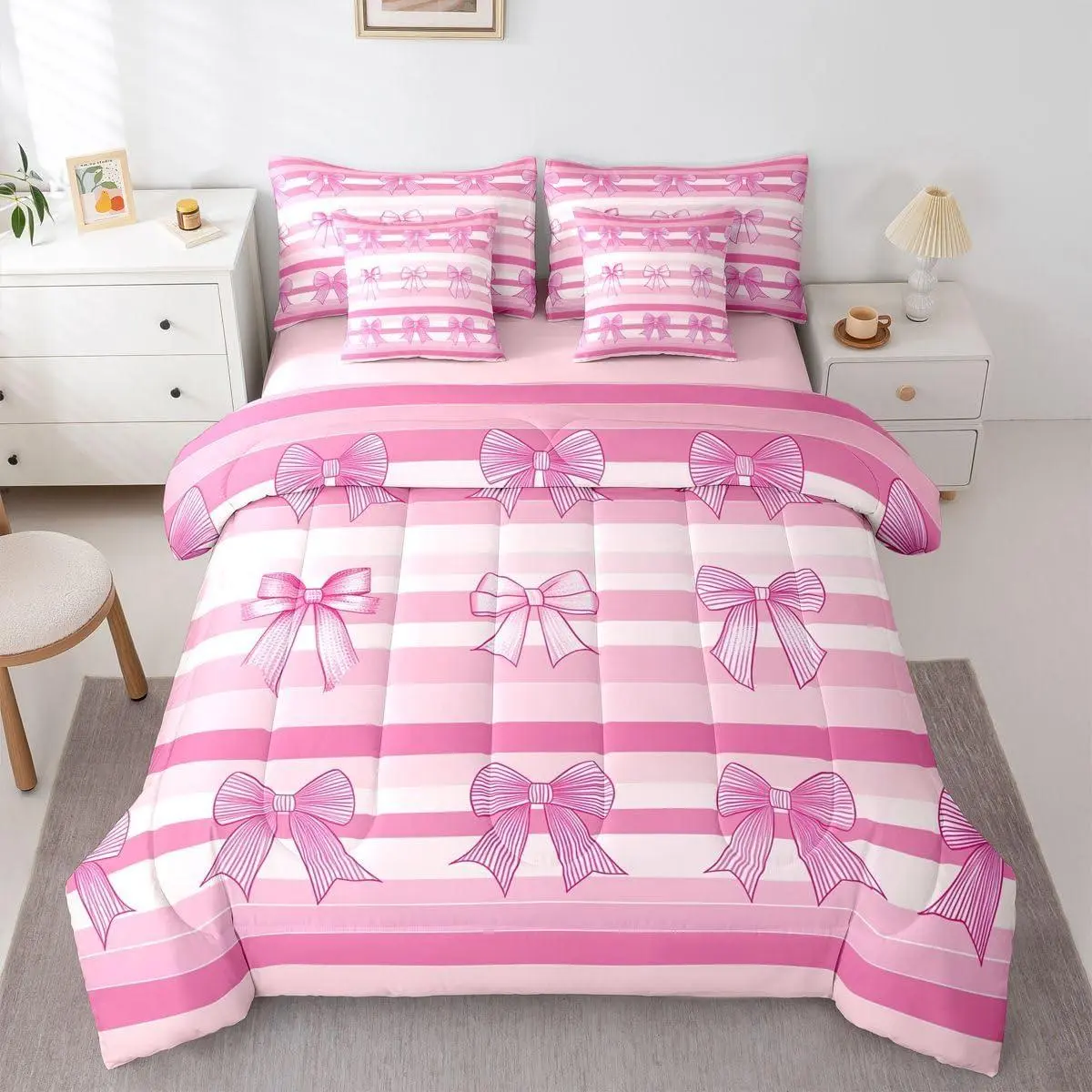 Bowknot 7 Piece Bedding Set Stripe Comforter Set with Sheets Dreamy Hand Drawn Cartoon Ribbon Bow Bed in a Bag Simple Stripe Bowtie Women
