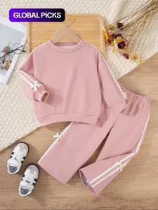 2pcs Girls' Autumn and Winter Striped Pattern Set, Matching Outfits Set, Cute Bow Detail Long Sleeve Hoodie and Wide-leg Trousers, Sizes 90-140CM, Kids Clothes Pants