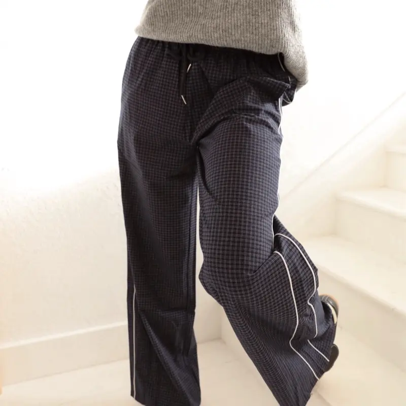 Plaid Pants in Navy with White Piping for Comfortable Everyday Wear