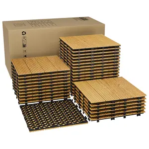 33 PCS Interlocking Deck Tiles, 12"X12" Solid Acacia Wood Flooring for Outdoor & Indoor, All Weather Waterproof Snap Together Patio Tiles for Balcony, Poolside, Deck,Yellow