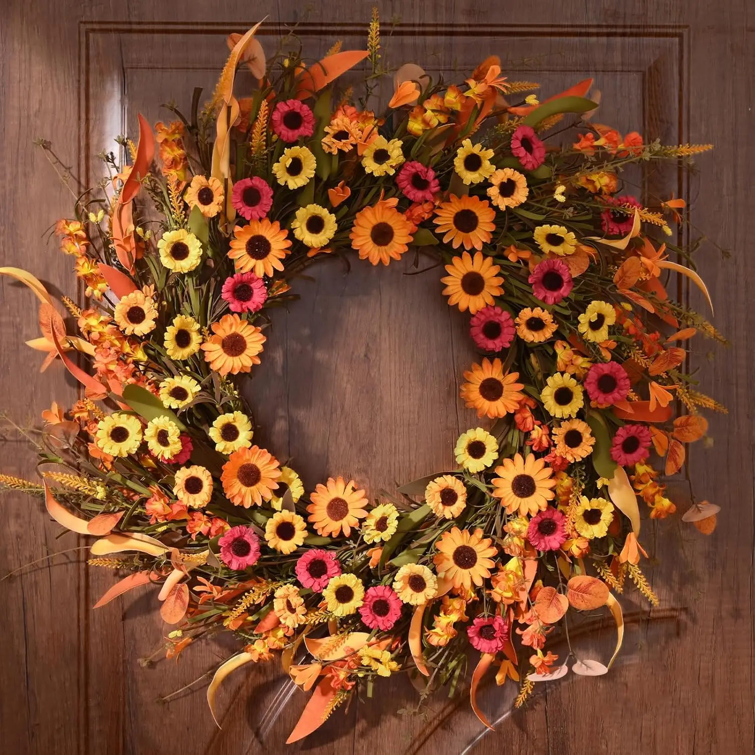 22-Inch Fall Floral Front Door Wreath with Daisies, Lavender, Fall Leaves - Decor Accessories, Front Door Decor, Indoor/Outdoor Thanksgiving Harvest Farmhouse Decoration