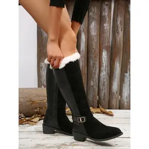 High-Top Boots with Faux Fur Trim, Side Zipper, Metal Buckle Straps, Chunky Mid Heel, Warm Fashionable Winter Shoes