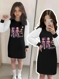 Girls' K-Pop Dress, Round Neck, Long Sleeve, Girl Group Print, Colorful Letters, Soft Skin-Friendly Fabric, Cute Style, All Seasons, School Casual Fit, Casual Wear