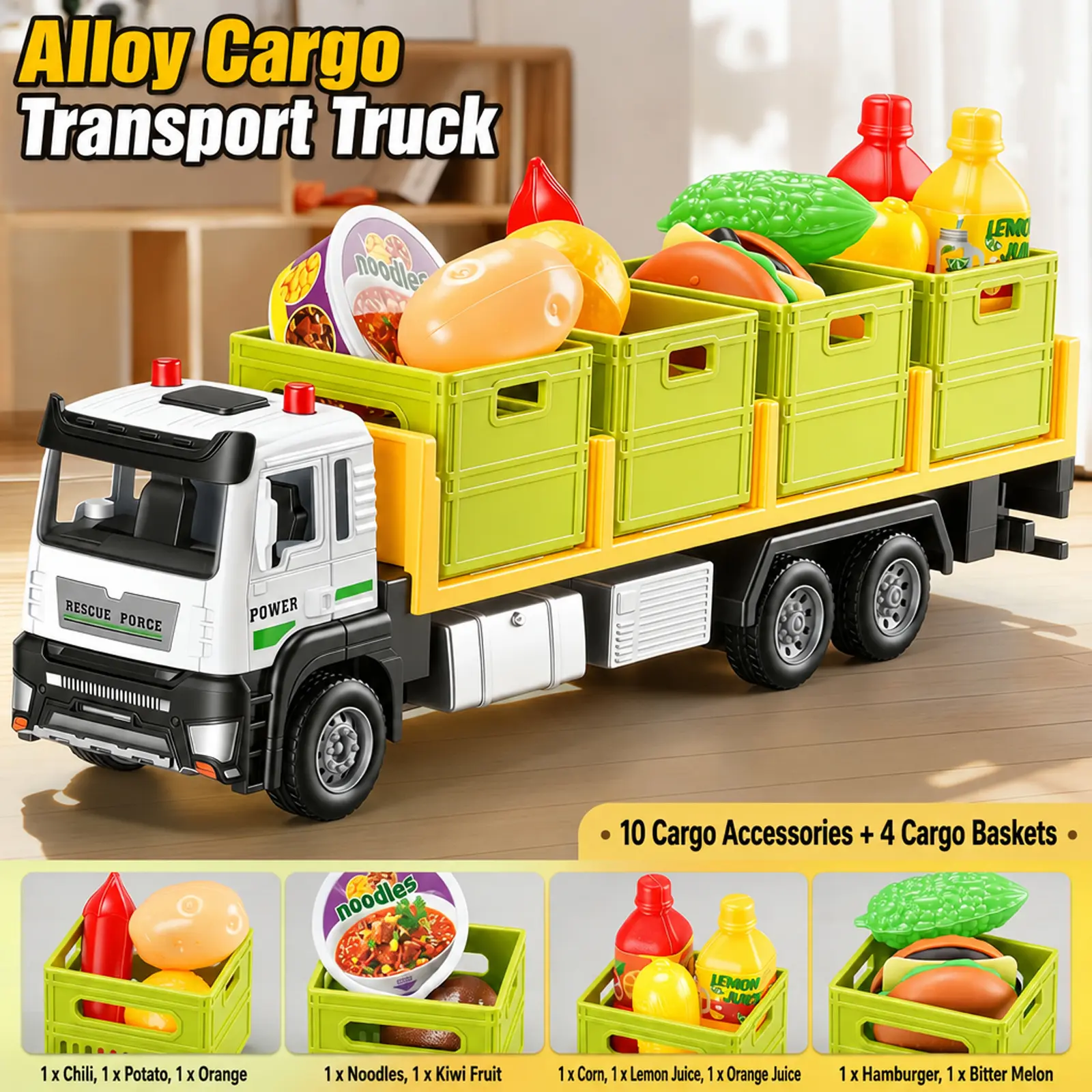 Die-Cast Alloy Cargo Transport Truck Toy Playset - Realistic Look Inertial Roll Vehicle with Small Diecast Cars, Detachable Parts, Kids Pretend Play Engineering Hauler for Boys, Dual Inertial Drive, Metal