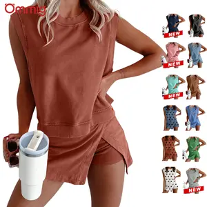 Ommig Womens Travel Outfits Summer Lounge Set Two Pieces Mineral Wash Cotton Tank Top Lined Split Athletic Skirt Set
