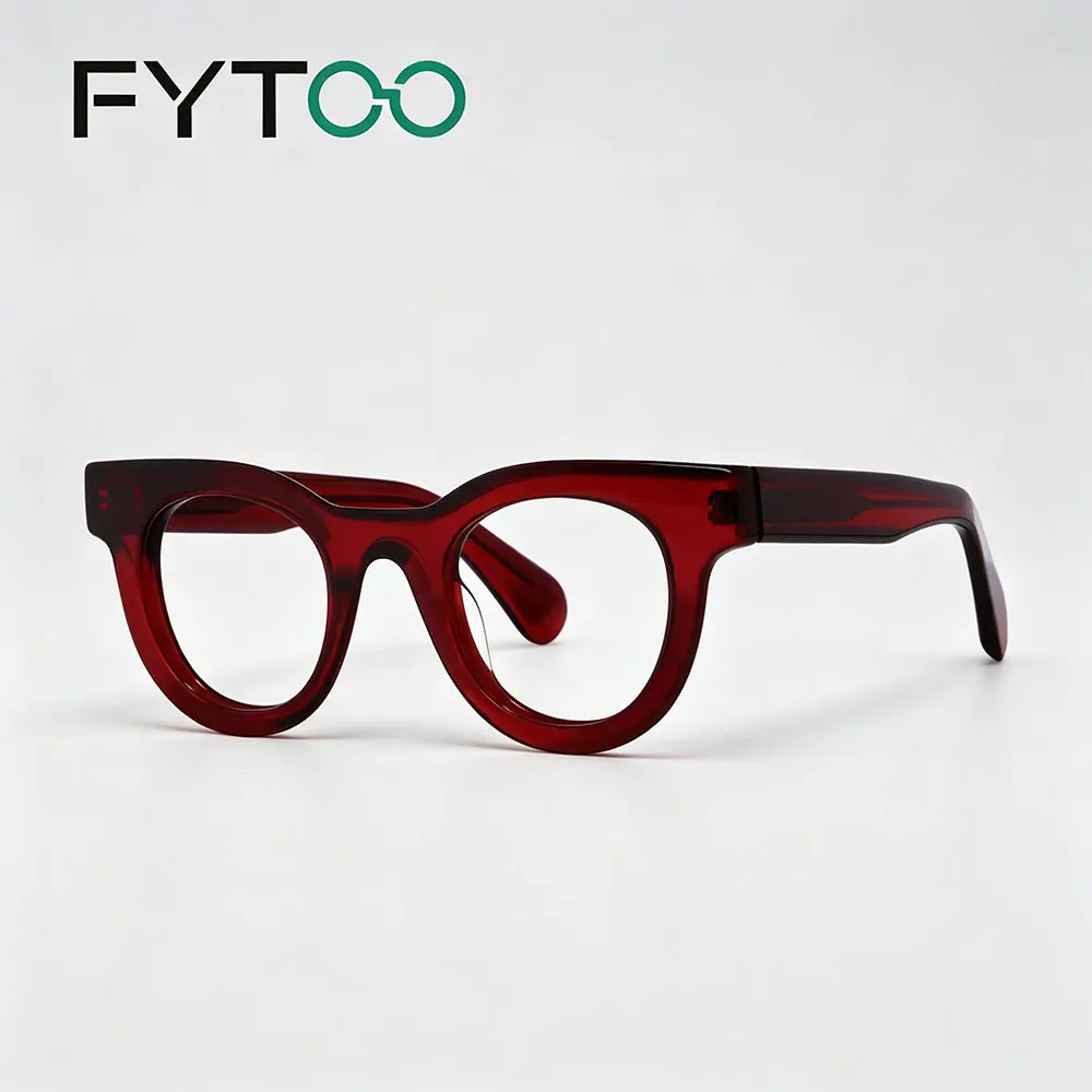 FYTOO Unisex Transparent Burgundy Cat Eye Acetate Eyeglasses - Chunky Retro Vintage Full Rim Party Wear Statement Frames, Replaceable Lenses Compatible, Polycarbonate, Vintage Streetwear, Statement Frame Glasses, Blue Light Blocking Lens, Ergonomic Curved
