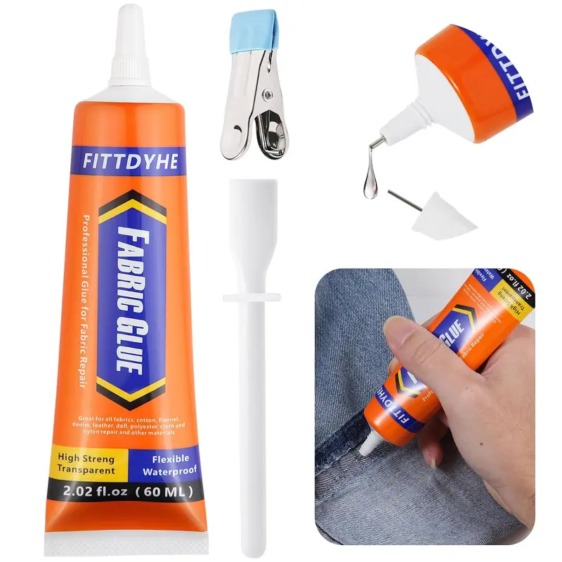 Fabric Glue Permanent, 60 ML Washable Clear Clothing Glue, Super Fabric Adhesive for Rhinestones, Patches, Clothes, Denim, Leather
