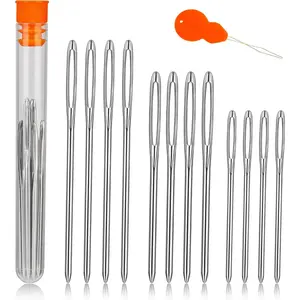 12 Pcs/3 Sizes Large-Eye Blunt Needles, Steel Yarn Needle with Needle Threader, Tapestry Needle for Sewing Crochet Knitting Embroidery (Silver 2.08in/2.36in/2.76in)