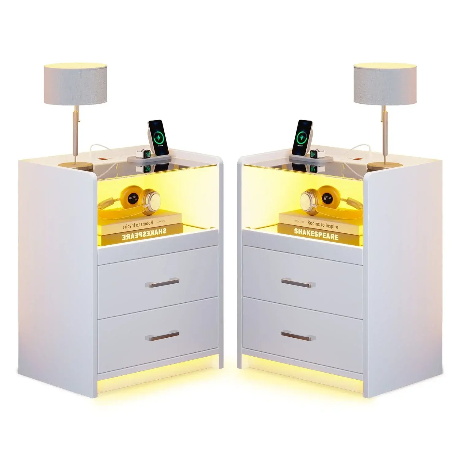 Sikaic Set of 2 Nightstands with Charging Station, White LED Nightstand Set with 2 Drawers and Storage