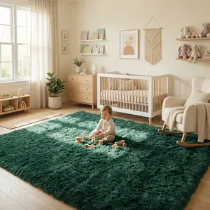QULINT DarkGreen Durable Silky Shag Area Rug For Living Room, Thick Plush Rug For Bedroom, Versatile Indoor Carpet, Modern Decor, Non-Slip Floor Covering, Easy To Clean, Dry Clean Only, With 4 Carpet Stickers, Suitable For Mother's Day