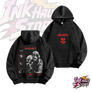 Call of Duty themed hooded sweatshirt, featuring a print of the character Simon "Ghost" Riley and the text "SIMON 'GHOST' RILEY"-Long Sleeve Cotton Unisex Vintage Hoodie