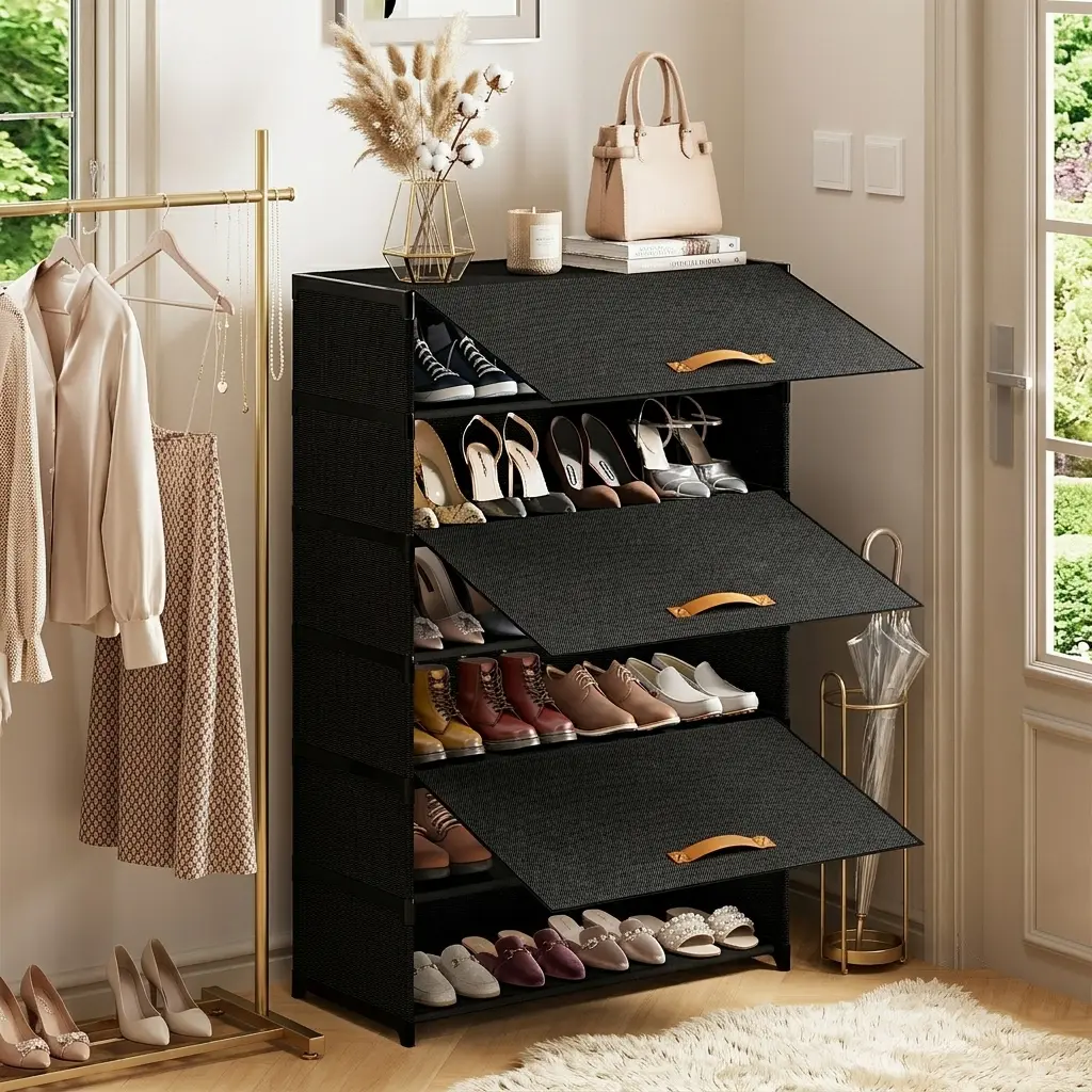 FIXWAL Shoe Rack Organizer - 7-Tier, 20-25-Capacity, Sturdy Metal Frame, Black & Grey Frabic Panels, Waterproof, Durable Reinforced, Easy Installation, Storage Organization, House Organizers, Apartment Accessories, for Entryways