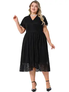 Agnes Orinda Women's Plus Size Lace Cocktail Dresses Faux Wrap V Neck Short Sleeve Flowy A Line Wedding Guest Midi Dress Black