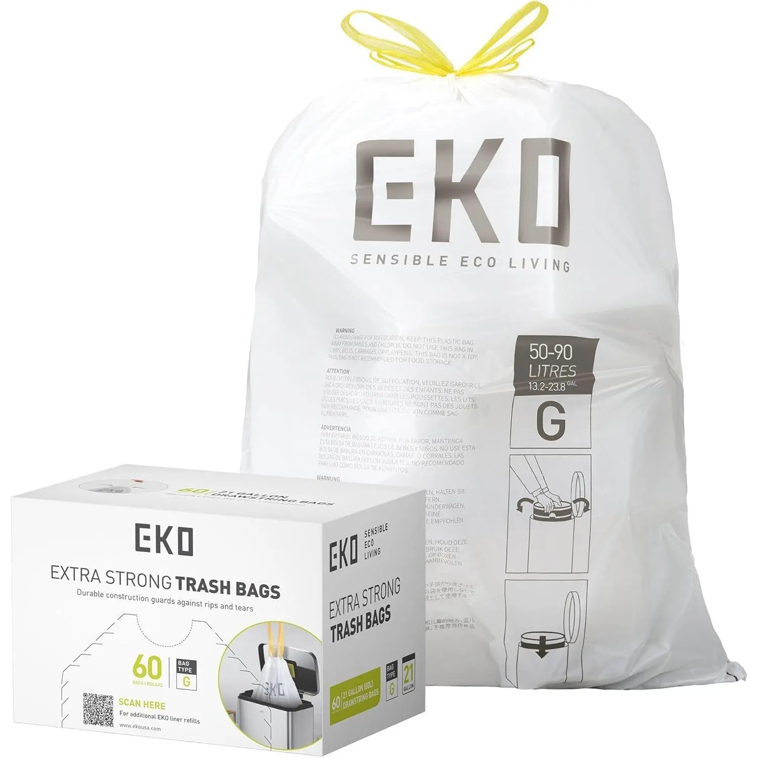 21 Gallon / 50-90 Liter, 60 Count Drawstring Trash Bags, Extra-Strong Unscented Garbage Bags, Easy-Dispense Roll for Kitchen & Household Use, Code G, White