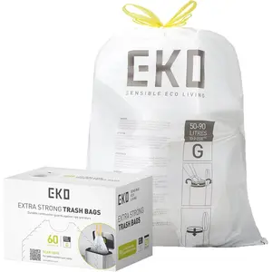 21 Gallon / 50-90 Liter, 60 Count Drawstring Trash Bags, Extra-Strong Unscented Garbage Bags, Easy-Dispense Roll for Kitchen & Household Use, Code G, White