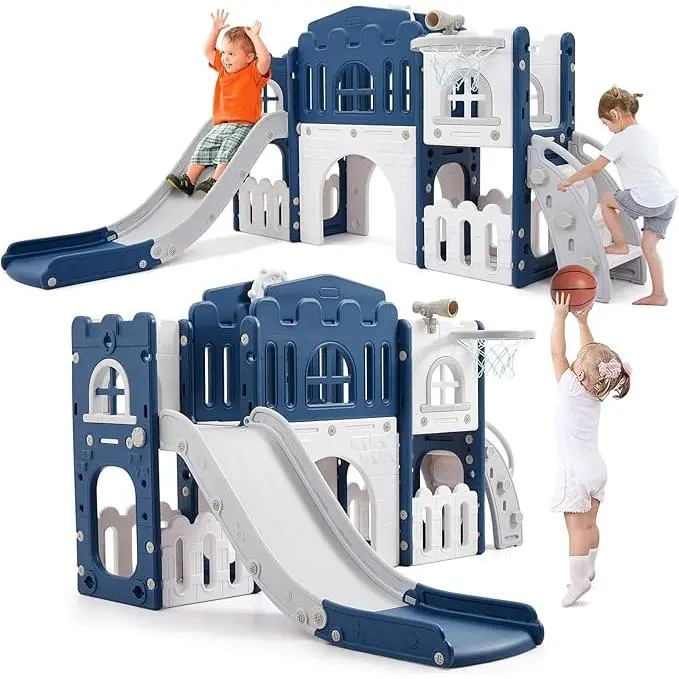 8-in-1 Toddler Slide Indoor Playground, Indoor Slide Toddler Playset for Toddlers 1-3, Kids Outdoor Playground with Basketball Hoop, Climber, Crawling Tunnel, Telescope, Toy Storage, Blue/Grey/Pink+Grey/Green