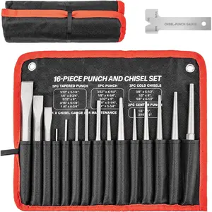 16 Punch and Chisel Set, Including Taper Punch, Center Punch, Pin Punch, Cold Chisels and Chisel Gauge for Mechanic and Metalworking