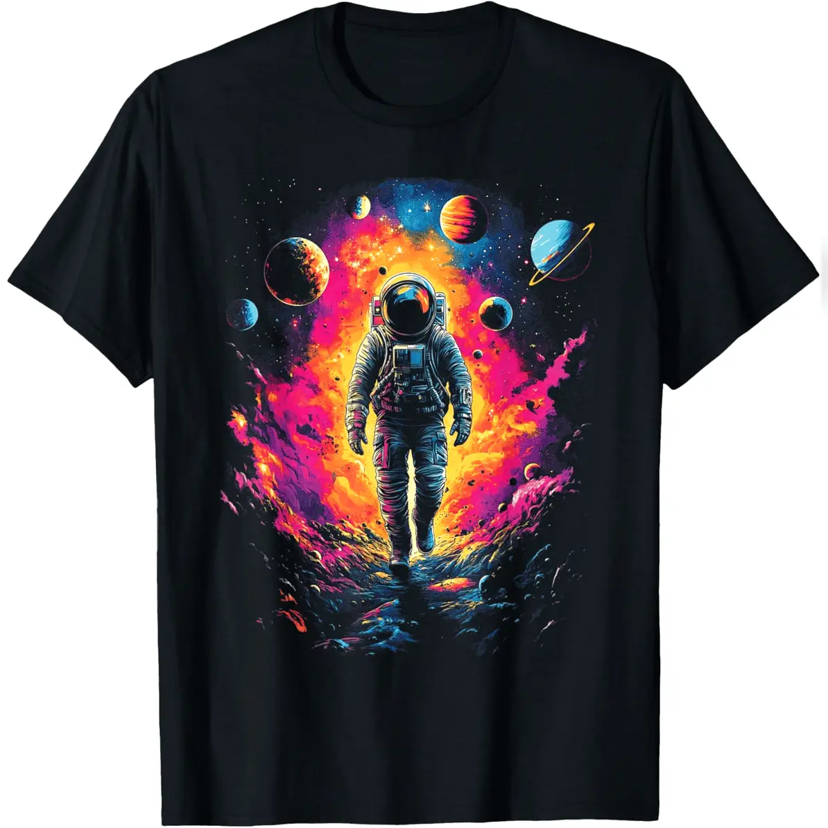 Women's Crew Neck Galaxy Print Space Theme T-Shirt, Short Sleeve Casual Tee, Everyday Cotton Astronaut Outer Space Explorer Top